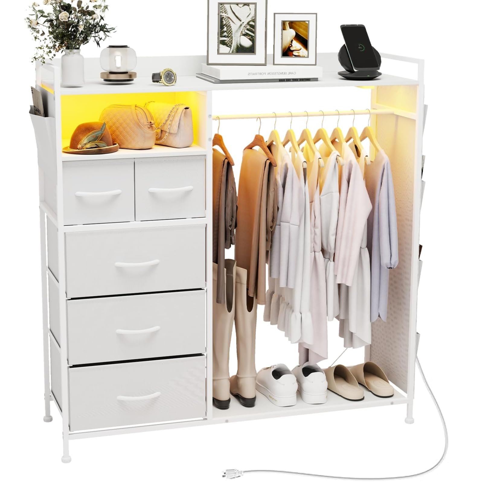 ARTETHYS Dresser for Bedroom with Hanging Rack 5 Drawer Dresser with LED Lights and Charging Station White Fabric Dresser Storage Chest of Drawers for Closet