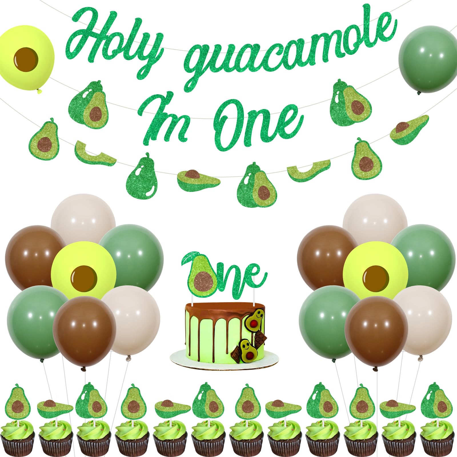 Sursurprise Avocado 1st Birthday Decorations, Holy Guacamole I’m One First Birthday Banners, Fiesta Avocado Fruit Cake Cupcake Toppers Balloons, Cinco De Mayo One Year Old Bday Party Decor Supplies