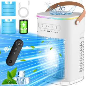 balko small air conditioner, 5400mah built-in battery evaporative air cooler, 2 ice packs, 7h timer smart auto-off &remote, 7 lights, 1200ml water tank, 2-level mists, 3-speed personal air conditioner