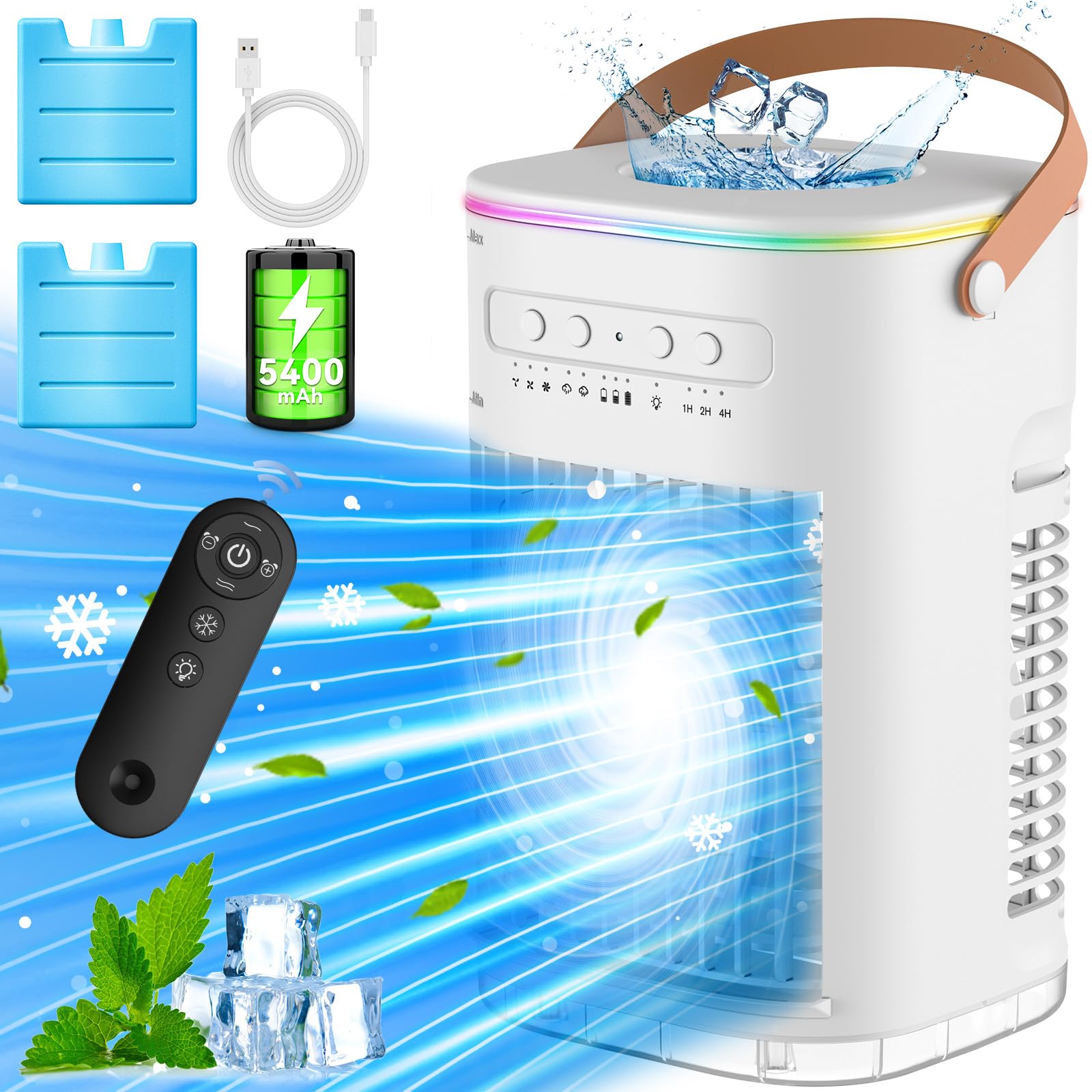 BALKO Small Air Conditioner, 5400mAh Built-in Battery Evaporative Air Cooler, 2 Ice Packs, 7H Timer Smart Auto-Off &Remote, 7 Lights, 1200ML Water Tank, 2-Level Mists, 3-Speed Personal Air Conditioner