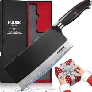 Huusk Butcher Knife for Meat Cutting, 7.5 inch Meat Cleaver Knife, Professional Chopping Knife, Full Tang Chef Knife with Damascus Texture, Japanese Cooking Knife with Ergonomic Handle, Gift for Men