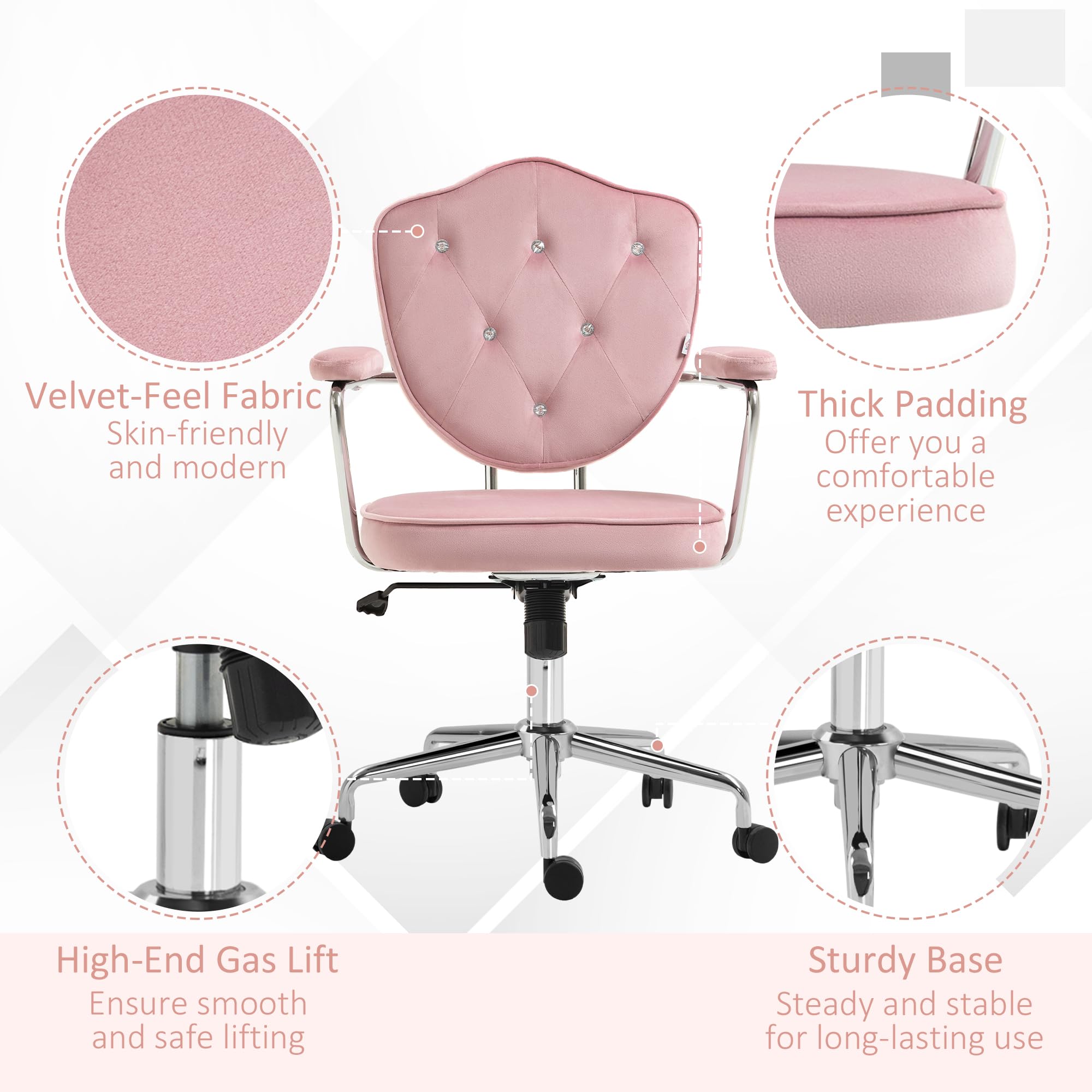 HOMCOM Cute Home Office Chair, Computer Desk Chair with Button Tufted Velvet-Feel Fabric, Swivel Vanity Chair, Pink