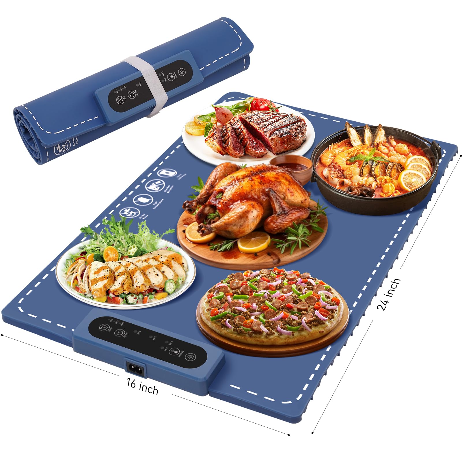 Electric Food Warming Mat with Full Surface Heating 24x16 Inch, Electric Warming Tray with Rollable and Portable, Versatile Food Warmer with Adjustable Temperature for Buffet Party Thawing