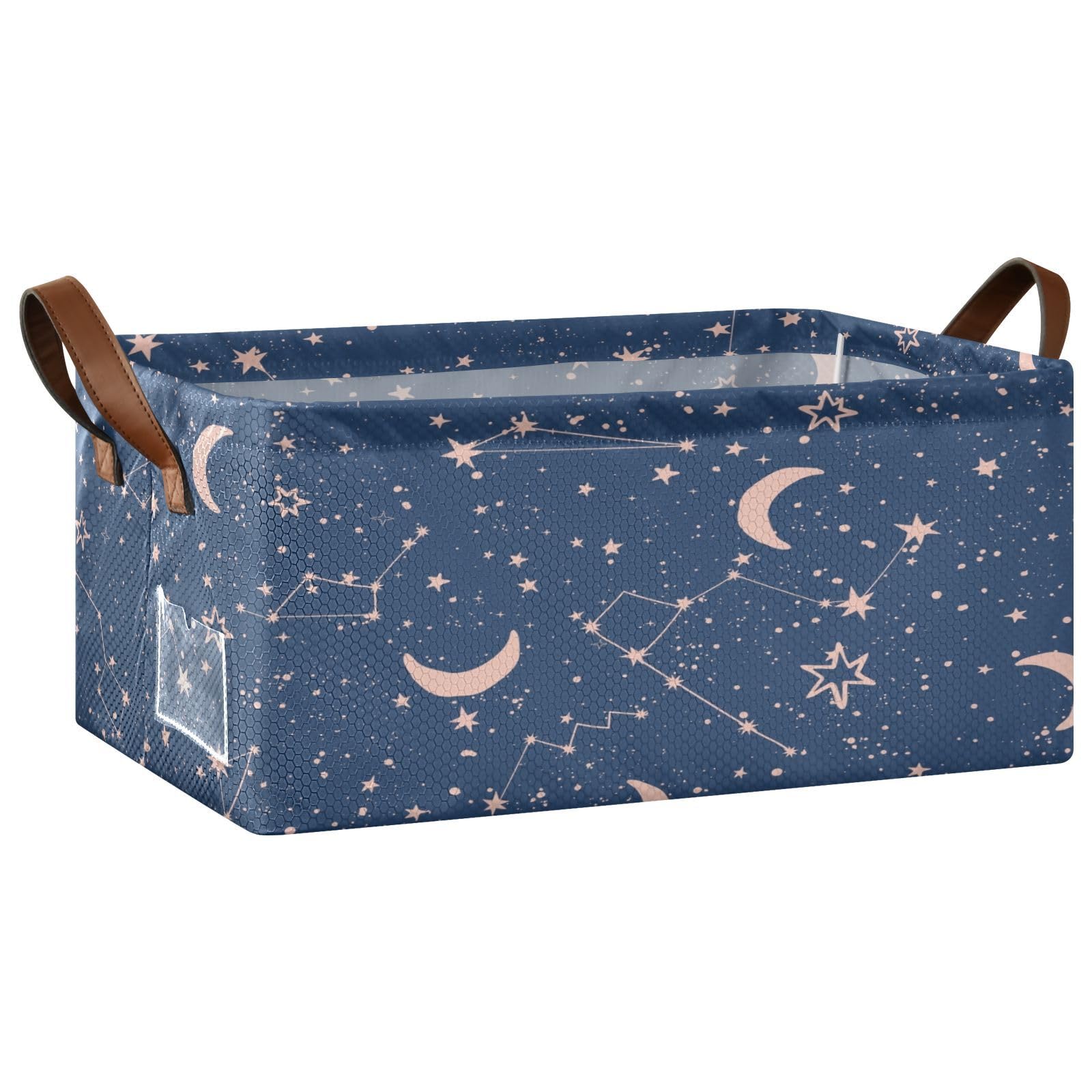 Exnundod Celestial Stars Moon Storage Bins for Shelves Astrological Boho Collapsible Storage Bins with Metal Frames Open Home Stroage Basket with Handles for Organizing Closet Books Toys, 1PC