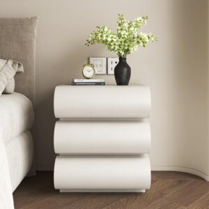 modern off white nightstand with 3 solid wood drawers - leather bedside table for bedroom/living room, fully assembled (19.7''h)