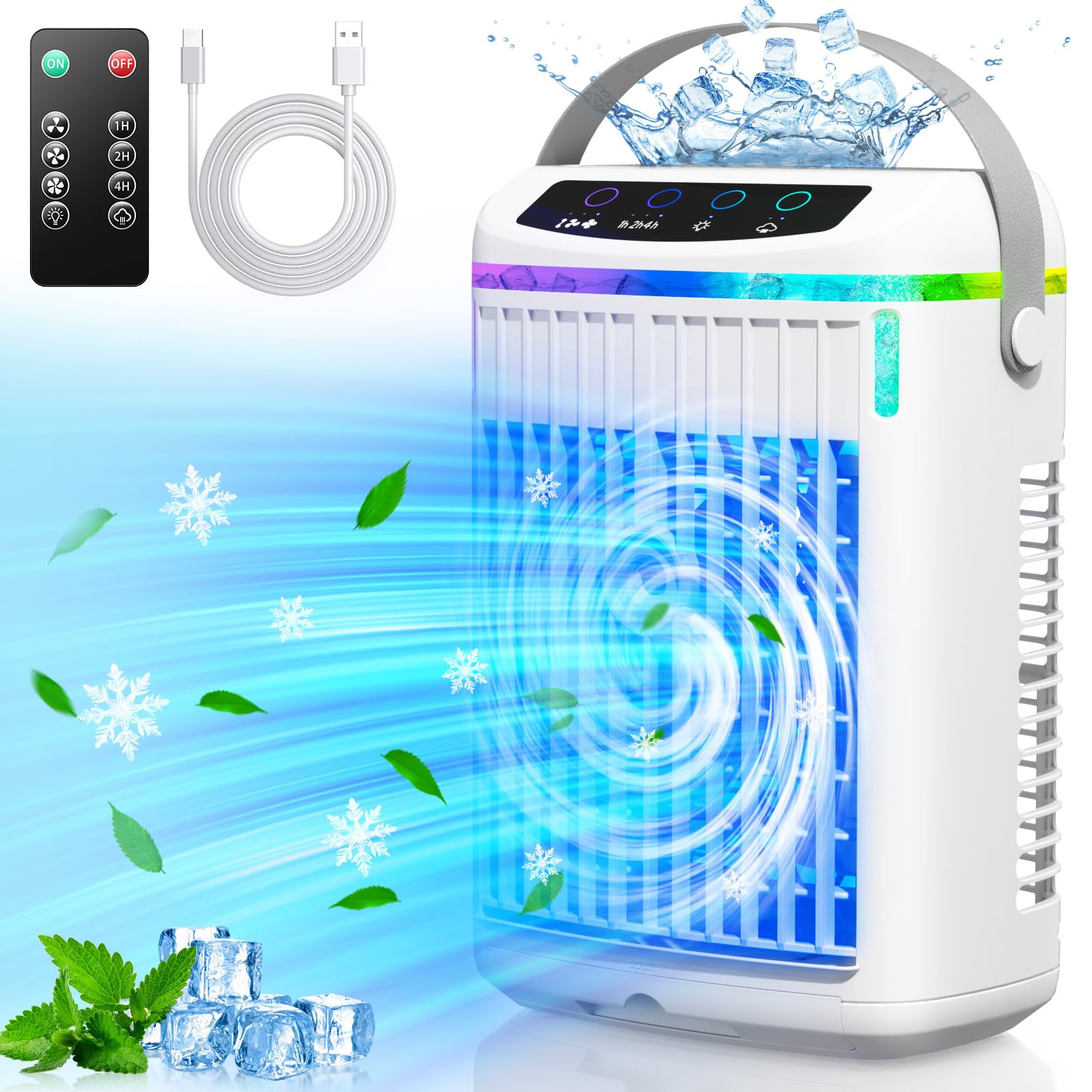 Evaporative Air Cooler, PERKDS Portable Air Conditioner with Quiet, 3 wind speeds & 2 Cool Mist with Colorful Night Light, Mini AC Unit for Bedroom Room Car Office