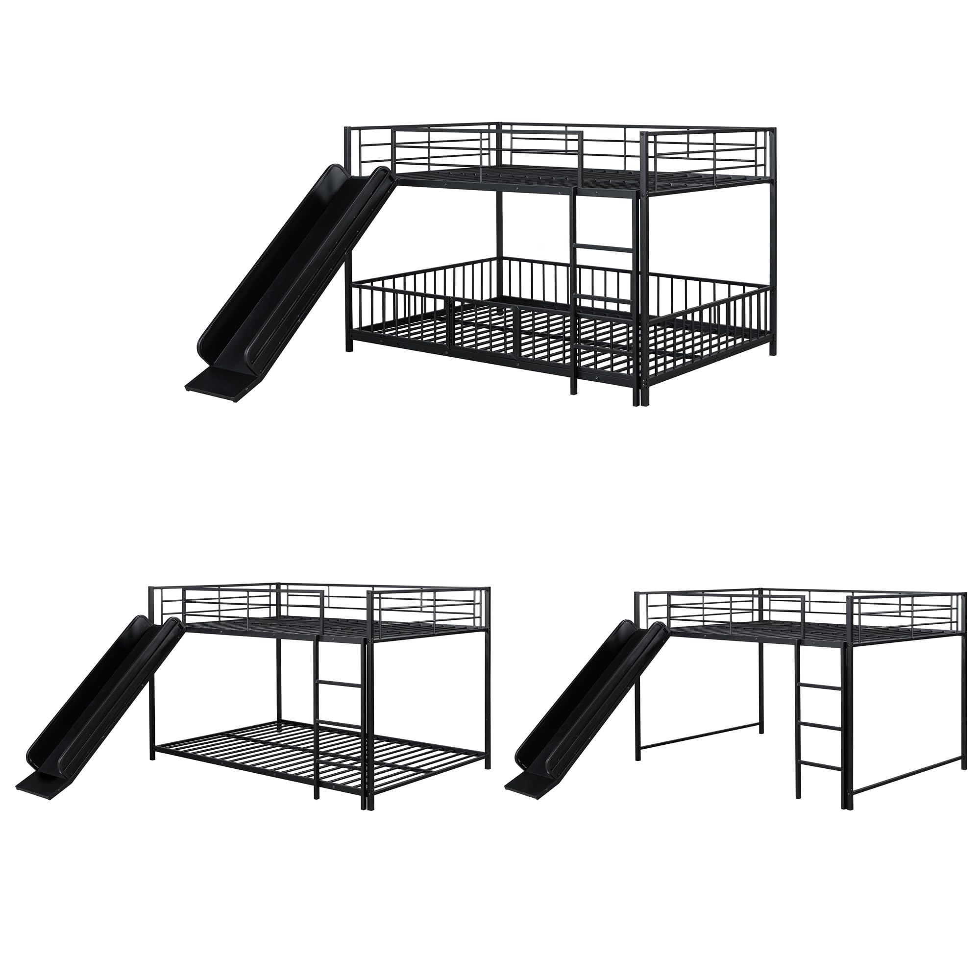 Bellemave Full Over Full Bunk Bed with Slide and Ladder, Metal Bunk Bed for Kids, Girls, Boys, Removable Fence, Low Bunk Bed with Slide, with Door, Black