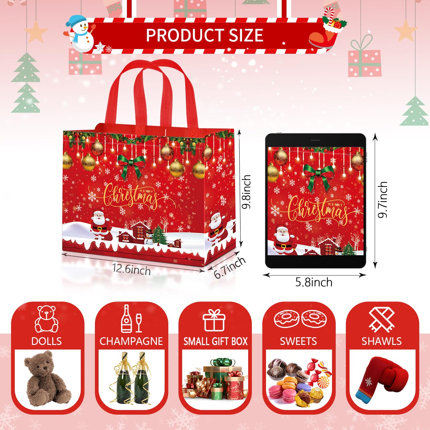 12Pack Large Christmas Bags For Gifts, 12 Styles Reusable Christmas Gift Bags With Handle, 12.4"×9.7"×6.8"Christmas Tote Bags For Gifts, Xmas Gift Bags, Holiday Gift Bags For Christmas Presents