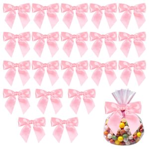 20pcs pink bows for crafts 4.5" pre-tied twist tie bows for baby shower satin ribbon bowknot for wrapping gift birthday treat bags