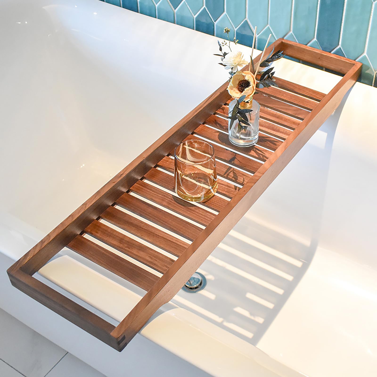 SUZEPER Wood Bathtub Tray Caddy,Walnut Bath Tray for Tub,Large Bath Table Tray,Bath Board,Long Slatted Bathtub Holder,Versatile Shelf, Bath Accessories, Spa Gift for Women(86x22cm(34x9inch), Walnut)