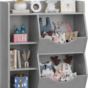 SUNNYFURN Kids 3-Tier Toy Storage Organizer Kids Bookshelf Double Side Toy Shelf Gray- 5 Compartment Bookshelf & Toy Shelf for Kids' Room, Bedroom, Living Room, and Kindergarten - for Toys and Books