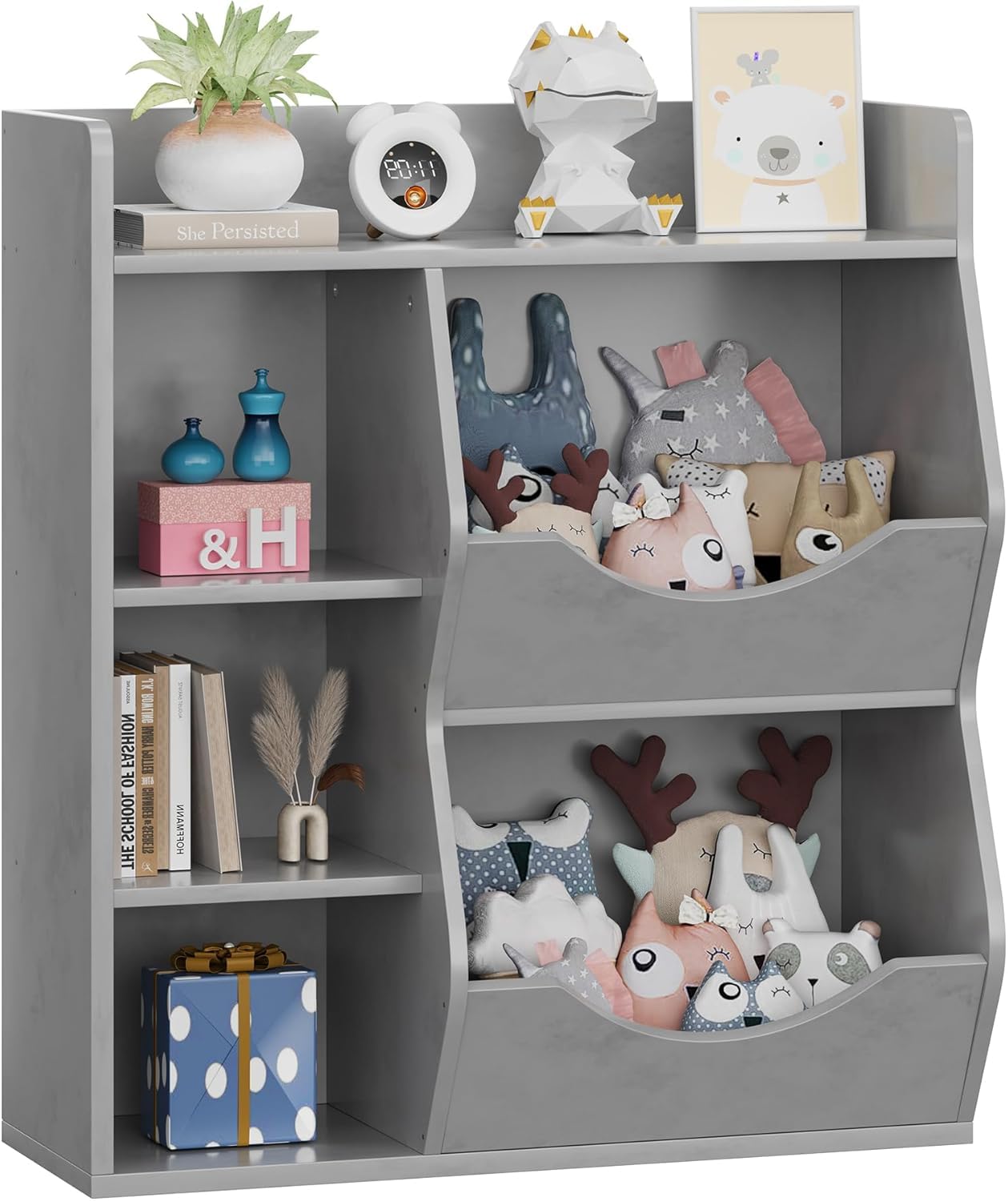 SUNNYFURN Kids 3-Tier Toy Storage Organizer Kids Bookshelf Double Side Toy Shelf Gray- 5 Compartment Bookshelf & Toy Shelf for Kids' Room, Bedroom, Living Room, and Kindergarten - for Toys and Books