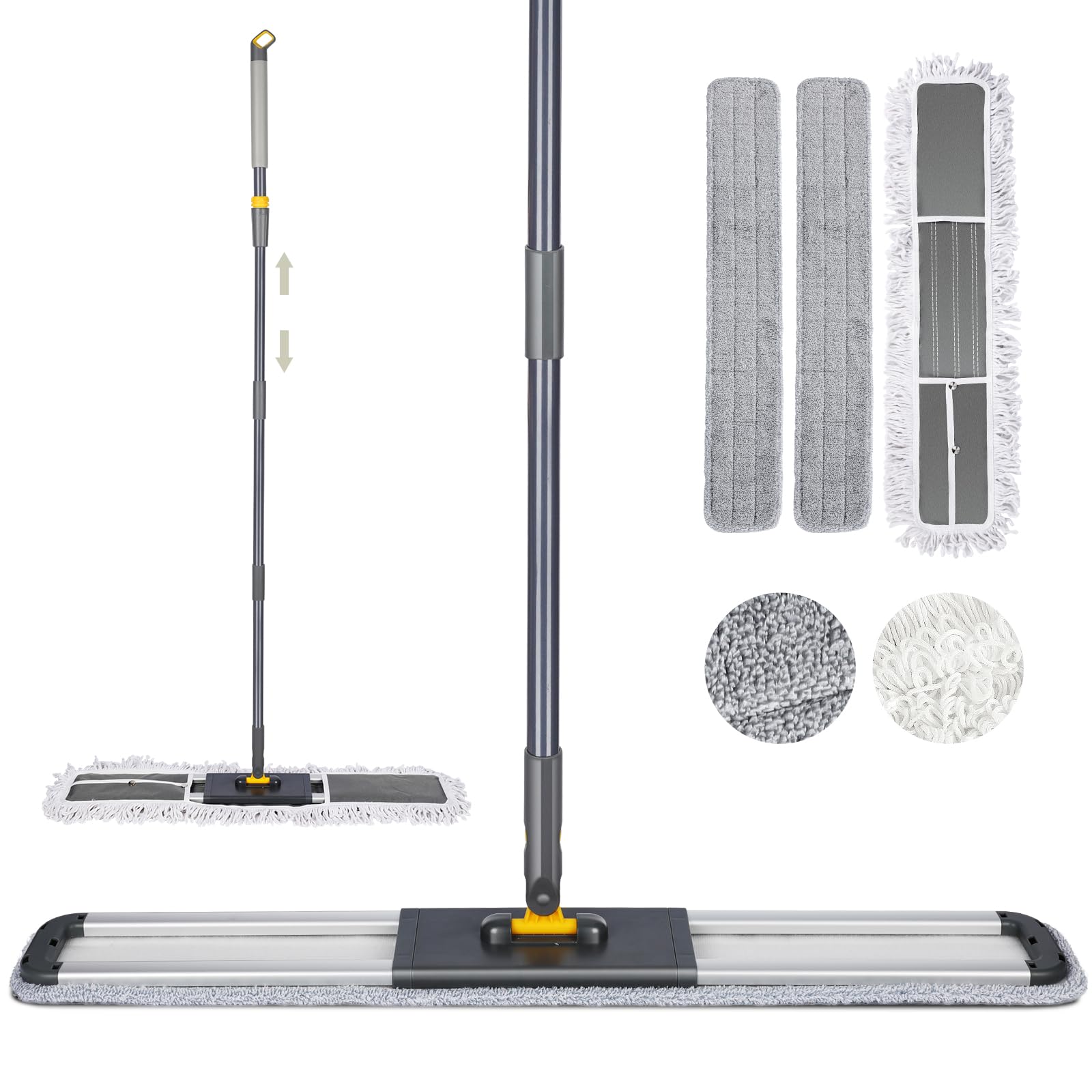 Nolopau 36 Inch Dust Mop for Floor Cleaning, Commercial Industrial Mop with Long Handle, Washable 1 Cotton Mop Pad and 2 Microfiber Mop Pads, Heavy Duty Wet and Dry Mop for Hardwood Tiles Laminate