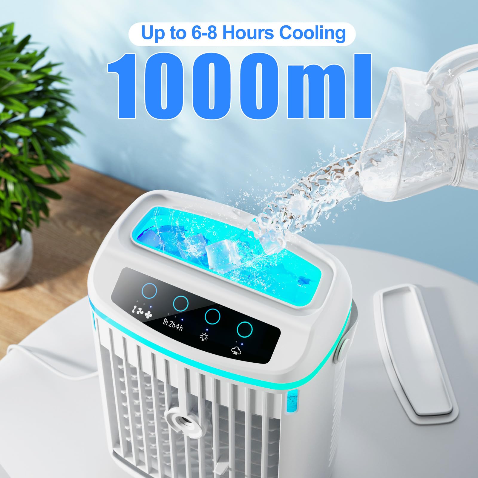 Evaporative Air Cooler, PERKDS Portable Air Conditioner with Quiet, 3 wind speeds & 2 Cool Mist with Colorful Night Light, Mini AC Unit for Bedroom Room Car Office