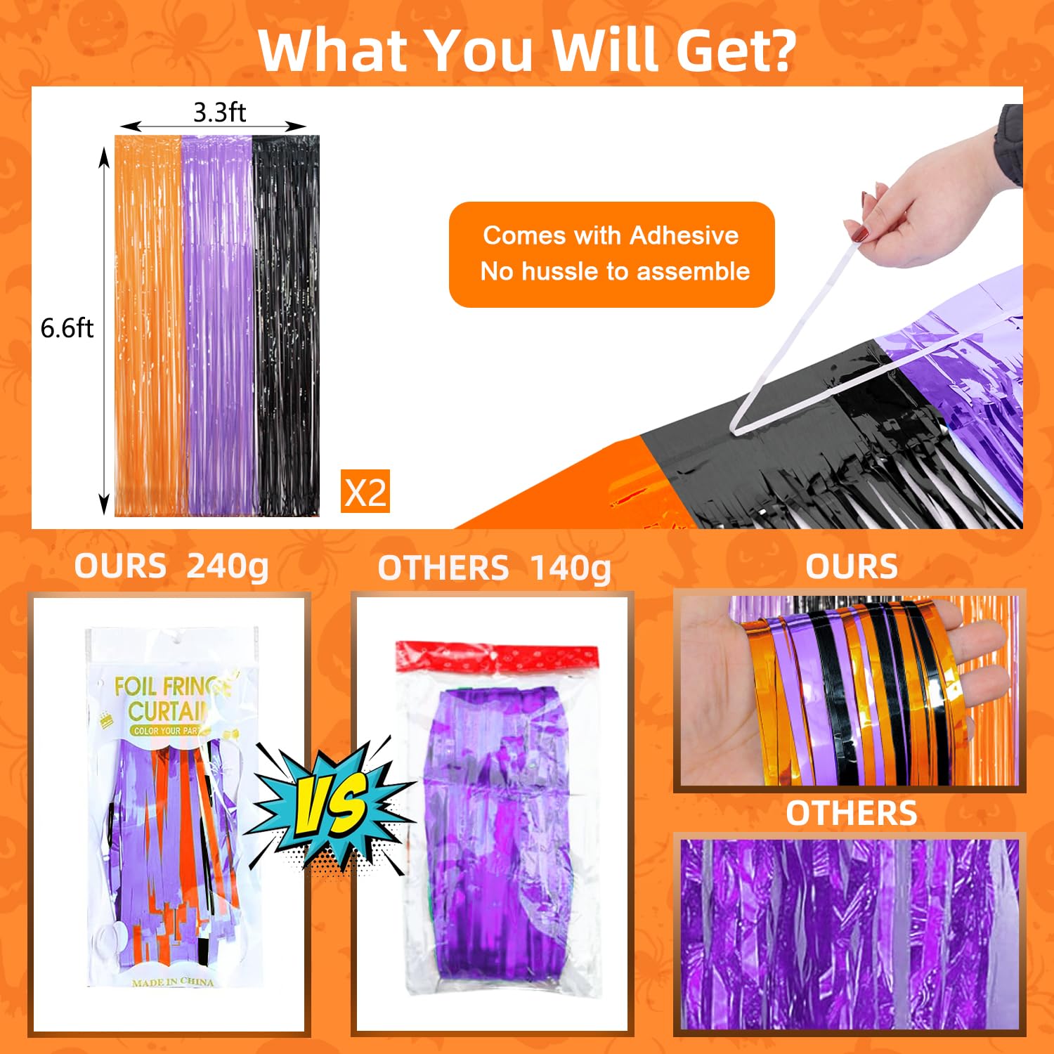 Halloween Party Decoration, 2 Pack Halloween Foil Fringe Curtains, Orange Purple Black Metallic Tinsel Foil Fringe Curtains Photo Streamers Backdrop for Halloween Wall Decor Party Photo Booth Props