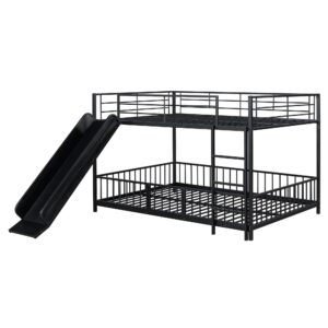 Bellemave Full Over Full Bunk Bed with Slide and Ladder, Metal Bunk Bed for Kids, Girls, Boys, Removable Fence, Low Bunk Bed with Slide, with Door, Black