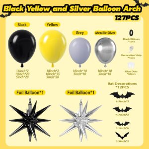 127PCS Black Yellow and Silver Balloons Arch Garland Kit, Bat Theme Balloon Arch for Men with Foil Balloons for Baby Shower Bat Theme Birthday Party Decorations