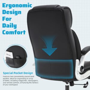 High Back Office Chair with Locking Wheels, Large Executive Desk Chair, Flip Arms Adjustable Lumbar Support, Ergonomic Synthetic Leather Computer Chair Prevents Cats Scratching, Thick Padded, Black