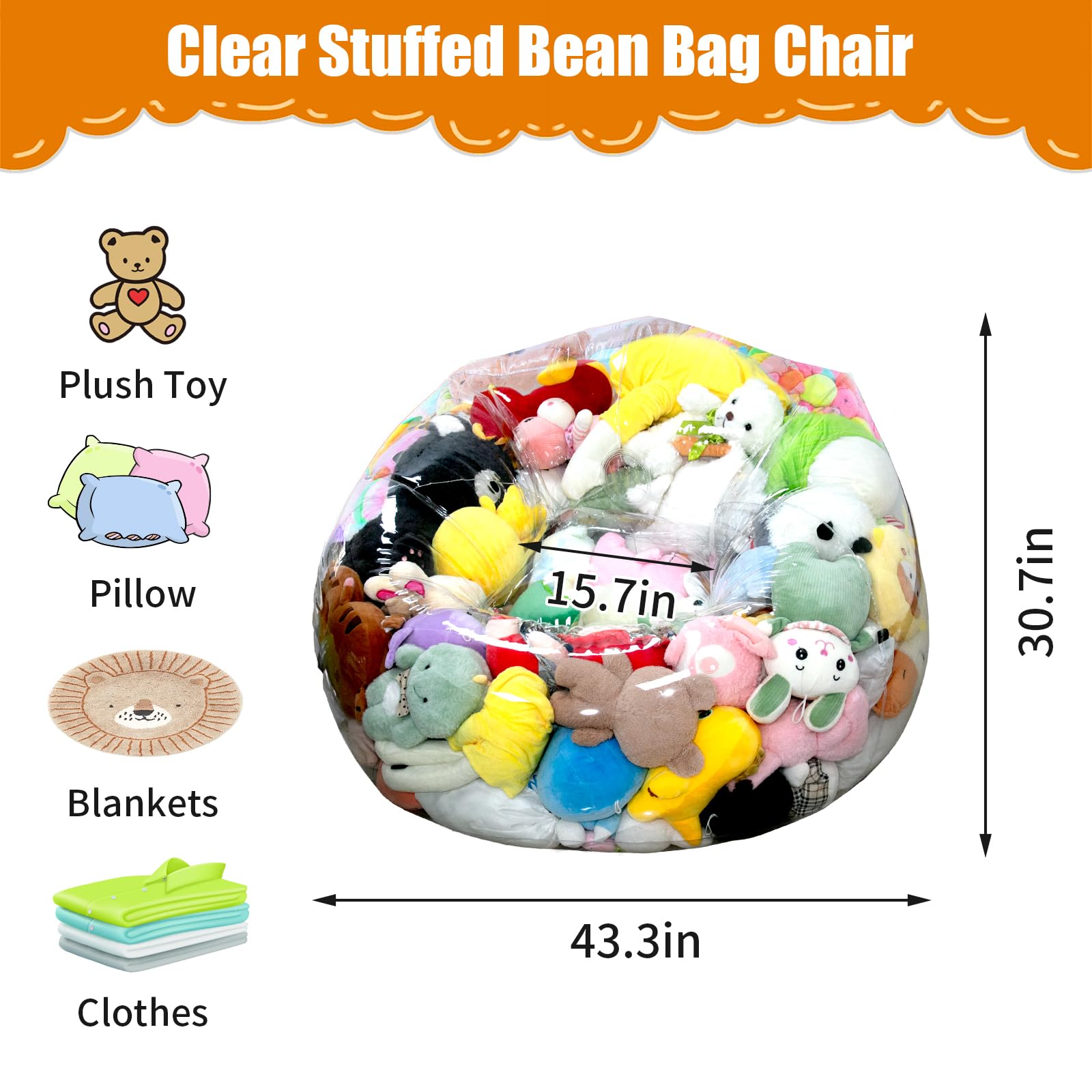 Clear Stuffed Animal Storage Bean Bag Chair Cover for Kids, Extra Large Waterparoof Beanbag Chair Cover with Zipper, PVC Bean Bag Chair for Children Plush Toys Storage & Organizing