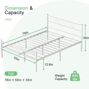 VECELO Full Size Bed Frame with Headboard, Heavy-Duty Platform with Strong Metal Slats, No Box Spring Needed, Easy Assembly, White