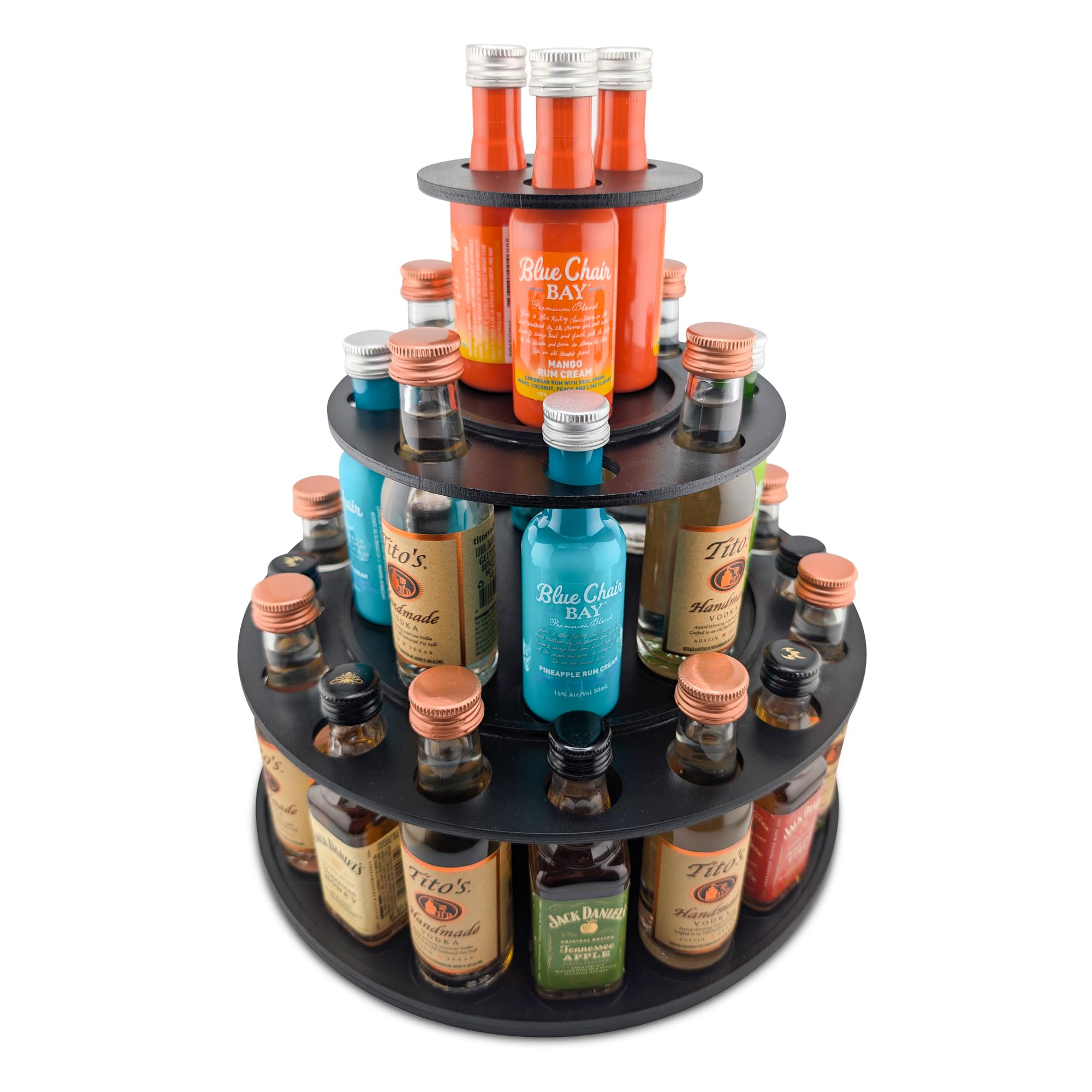 Shot Cake Party Display for Mini Liquor Bottles | 21st Birthday Holiday Celebration Decoration Centerpiece (Three Tier, Black)