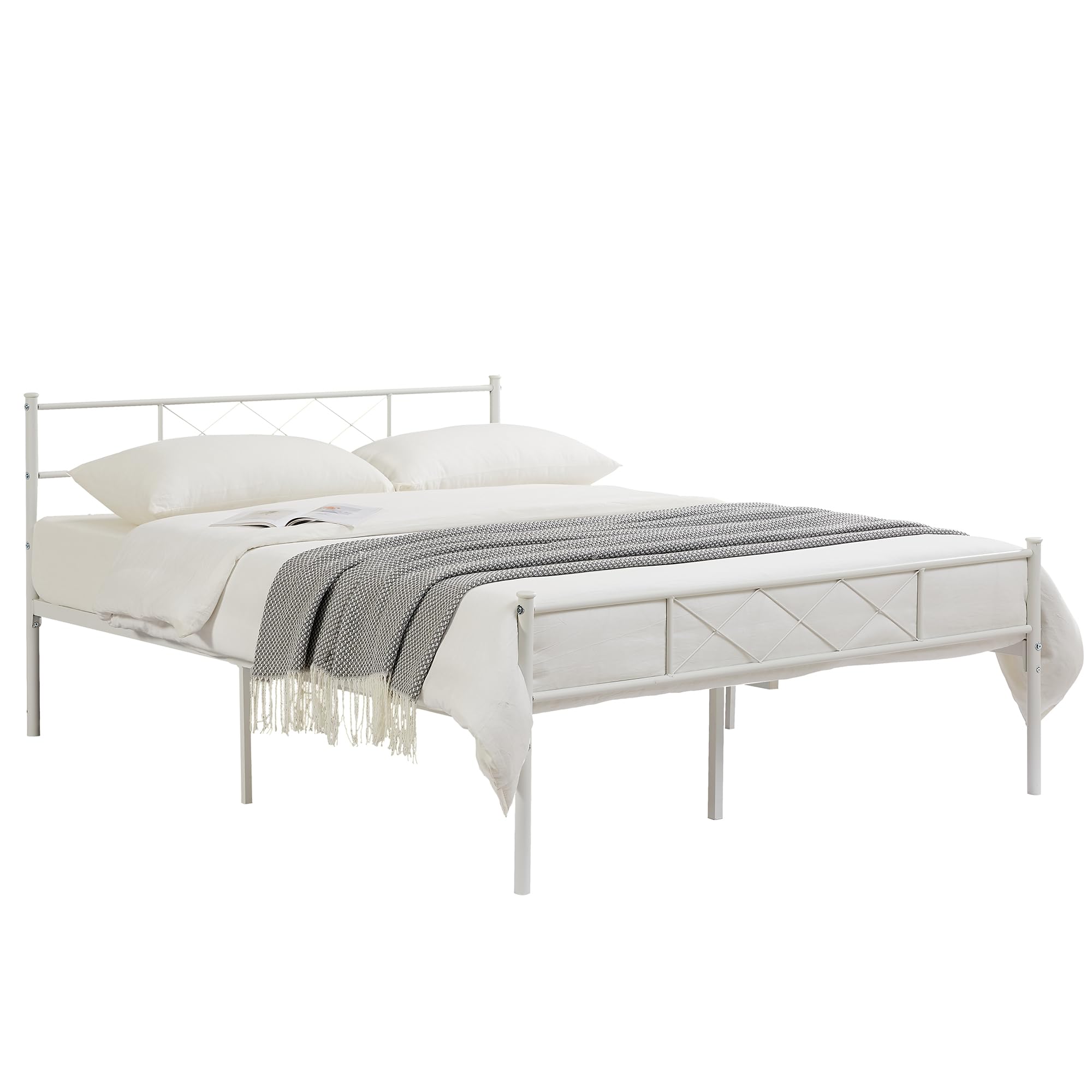 VECELO Full Size Bed Frame with Headboard, Heavy-Duty Platform with Strong Metal Slats, No Box Spring Needed, Easy Assembly, White