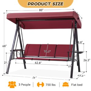 Yalissey 3 Seat Outdoor Swing with Canopy, Patio Swing Chair with Textilene Backrest & 2 Cup Holders for Backyard, Porch, Garden (Wine Red)