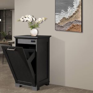 Tilt Out Trash Can Cabinet/Wooden Hidden Trash Cabinet,Pet Proof Trash Can Cabinet, Laundry Sorter Cabinet,Trash Can Cabinet with Deodorising Function,10 Gallons Kitchen Trash Cabinet (Black)