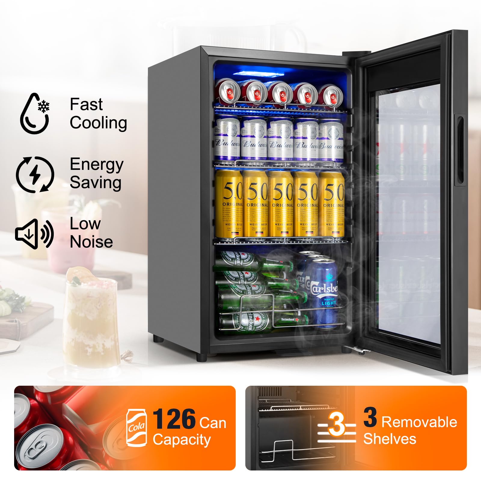 turephe Beverage Refrigerator 17 Inch Wide, Mini Beverage Cooler with Glass Door 126 Cans, Countertop/Freestanding Beverage Beer Fridge with Temperature Memory, Perfect for Soda, Beer