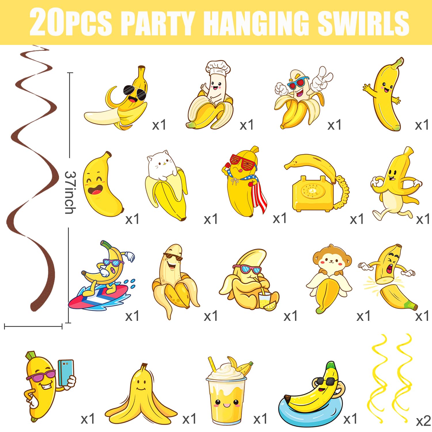 Banana Hanging Swirls 20Pcs Banana Party Decorations Banana Fruit Ceiling Swirls Banana Birthday Party Supplies Banana Cutout Streamers for Lets Go Bananas Baby Shower Decor