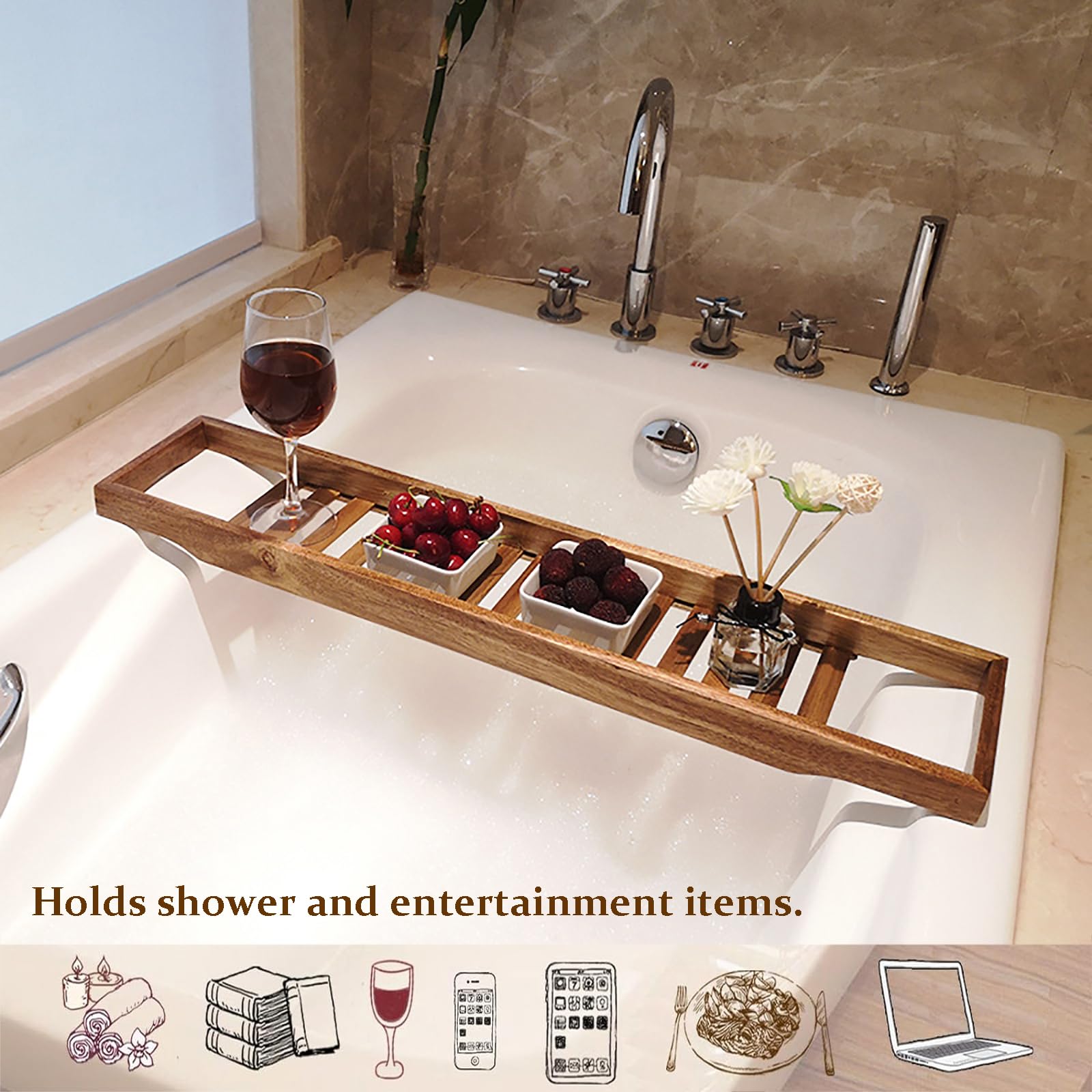 SUZEPER Wood Bathtub Tray Caddy,Walnut Bath Tray for Tub,Large Bath Table Tray,Bath Board,Long Slatted Bathtub Holder,Versatile Shelf, Bath Accessories, Spa Gift for Women(86x22cm(34x9inch), Walnut)