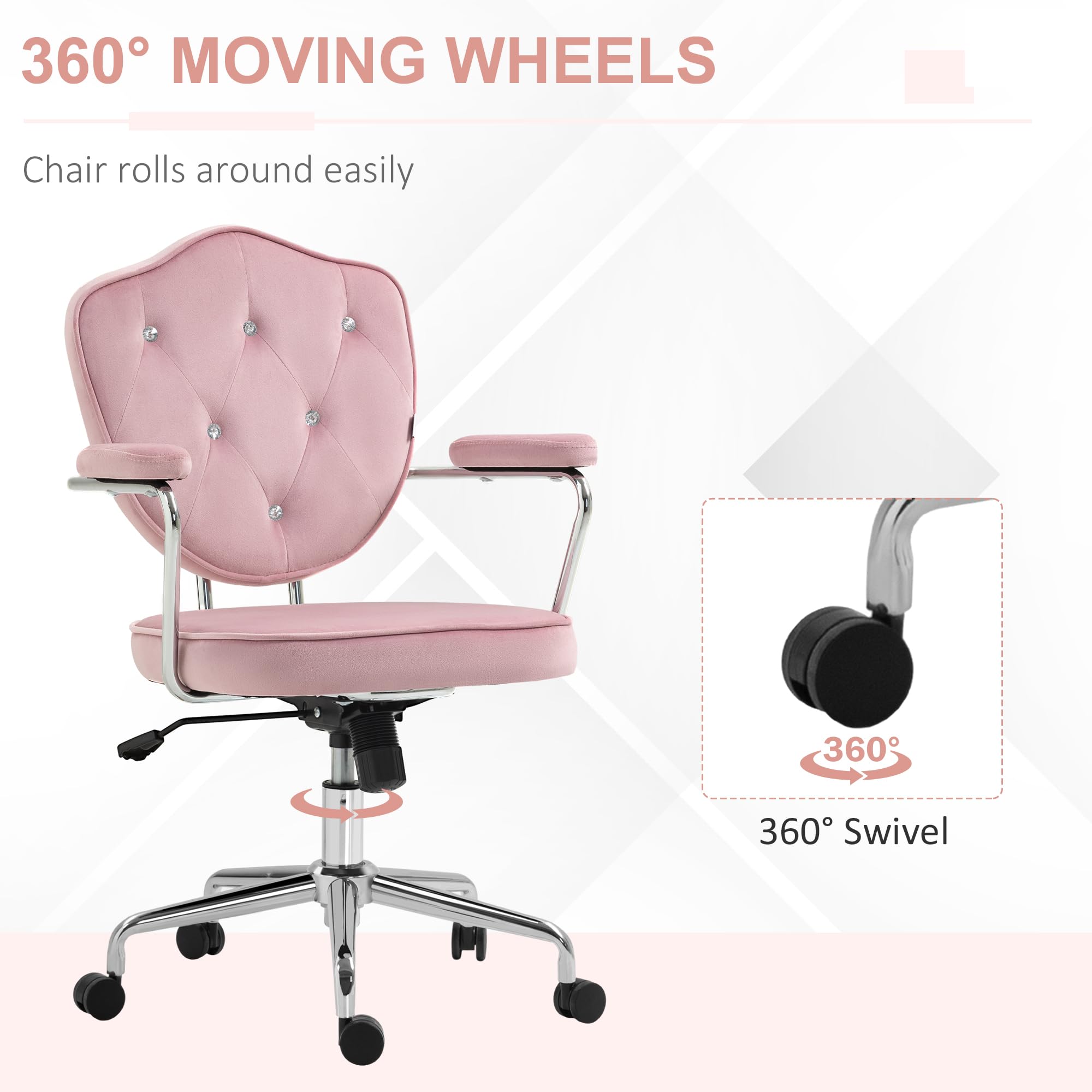 HOMCOM Cute Home Office Chair, Computer Desk Chair with Button Tufted Velvet-Feel Fabric, Swivel Vanity Chair, Pink