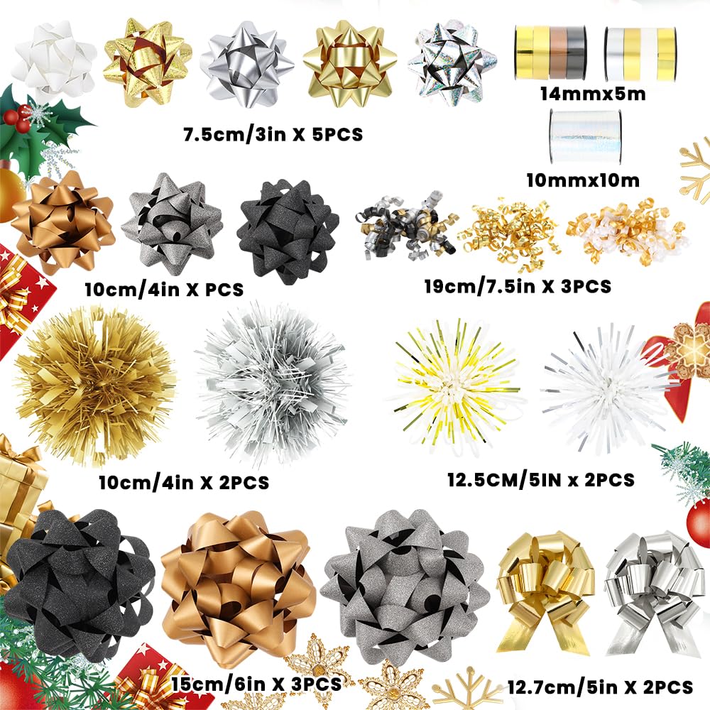 YUJUN 23PCS Christmas Gift Bows Decoration Set Xmas Pull Paper Present Bows Assortment with Christmas Gift Ribbons Wrapping Bows for Christmas New Year Wedding Decoration(Black Gold)