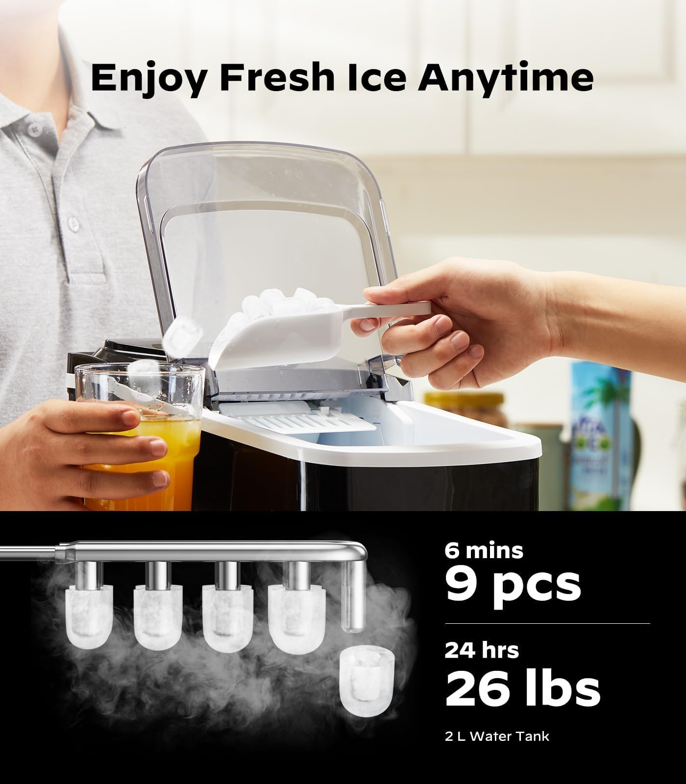 Silonn Smart Countertop Ice Maker - 9 Bullet Cubes in 6 Mins, 26 lbs per Day, Compact Wi-Fi Ice Maker Machine, 2 Ice Cube Sizes, Portable Ice Maker with Self-Cleaning for Kitchen/Office/RV