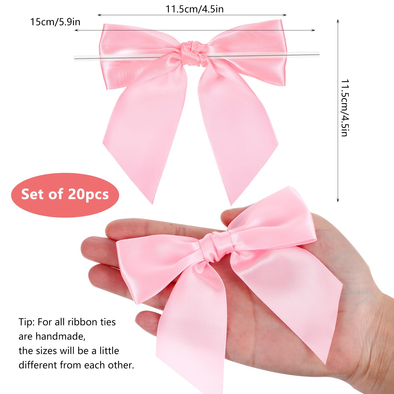 20Pcs Pink Bows for Crafts 4.5" Pre-Tied Twist Tie Bows for Baby Shower Satin Ribbon Bowknot for Wrapping Gift Birthday Treat Bags