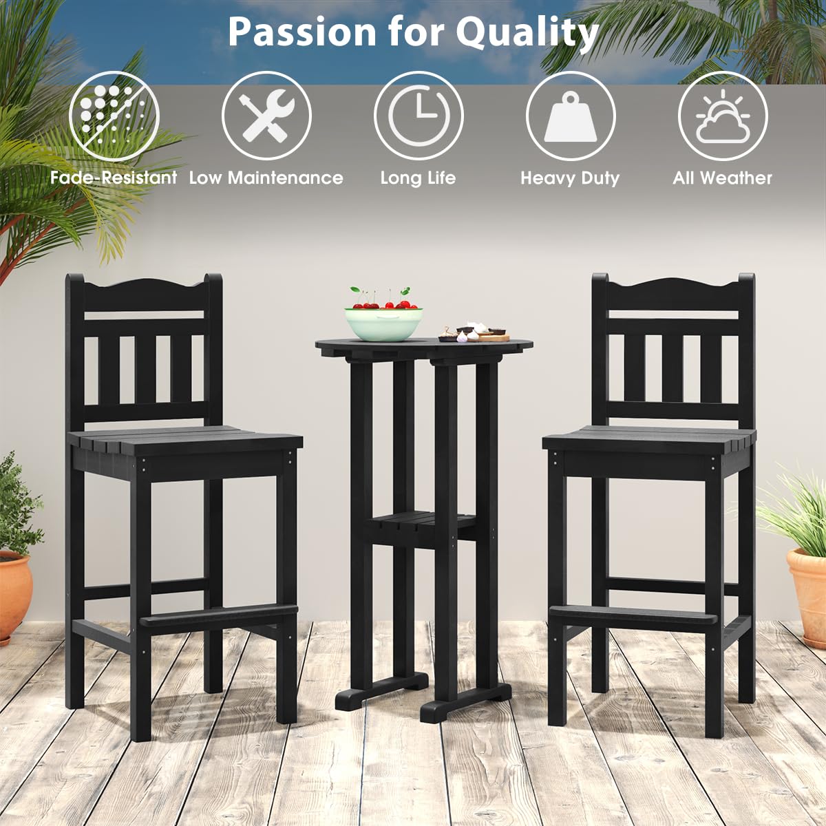 Sundale Outdoor Tall Adirondack Bar Chair Set of 2, HDPE Patio Bar Stools with Backrest, 27.5 Inch Seat Height Tall Bistro Dining Counter Stool, All-Weather Pub Height Chair, Black