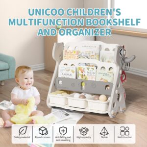 UNICOO® Kids Baby Dragon 2 Tier Bookshelf with 3 Toy Storage Bins, Children Bookshelf & Toy Organizer, Lightweight & Compact, for Toddler Nursery, Study Room, Playroom (Gray)