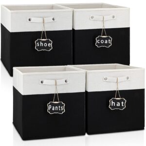 12 inch storage bins,set of 4 collapsible fabric storage cubes with labels,linen cube storage organizer bins kallax storage cubes for organizing office,shelves,nursery toys,clothes(white black).