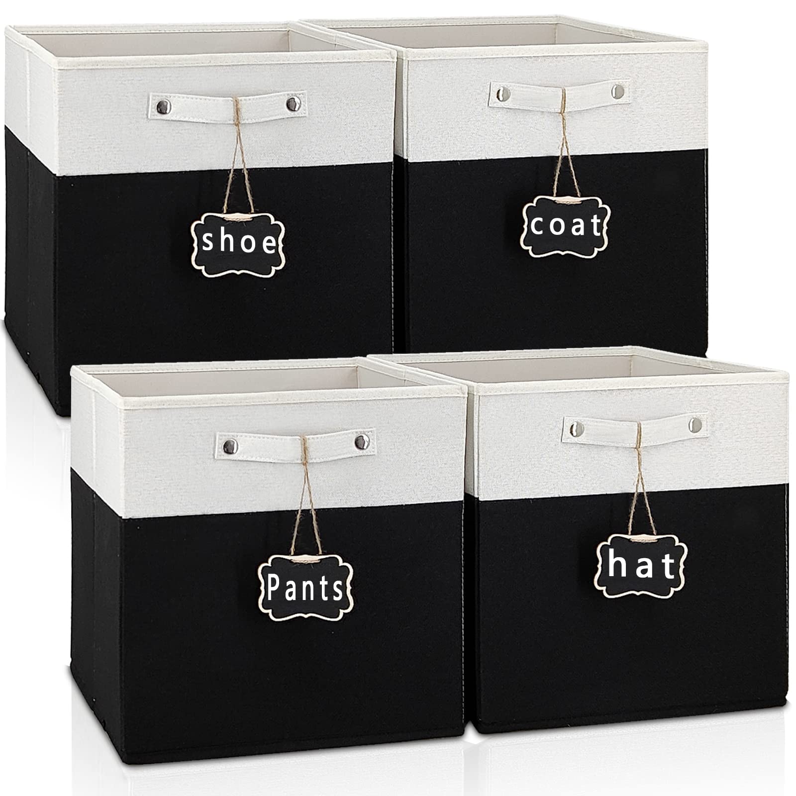 12 inch storage bins,Set of 4 Collapsible Fabric Storage Cubes with Labels,Linen Cube Storage Organizer Bins Kallax Storage Cubes for Organizing Office,Shelves,Nursery Toys,Clothes(White Black).