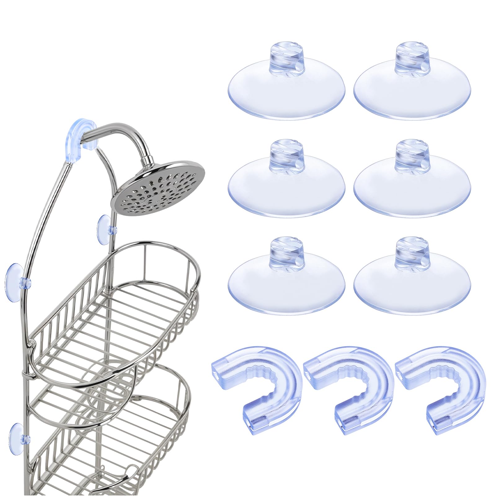 PEOVLVN 6 Pieces Suction Cups for Shower Caddy, Shower Caddy Connectors Suction Cup Hooks with 3 Pieces Rubber Rings Shower Hooks for Inside Shower Bathroom Decor and Replacement