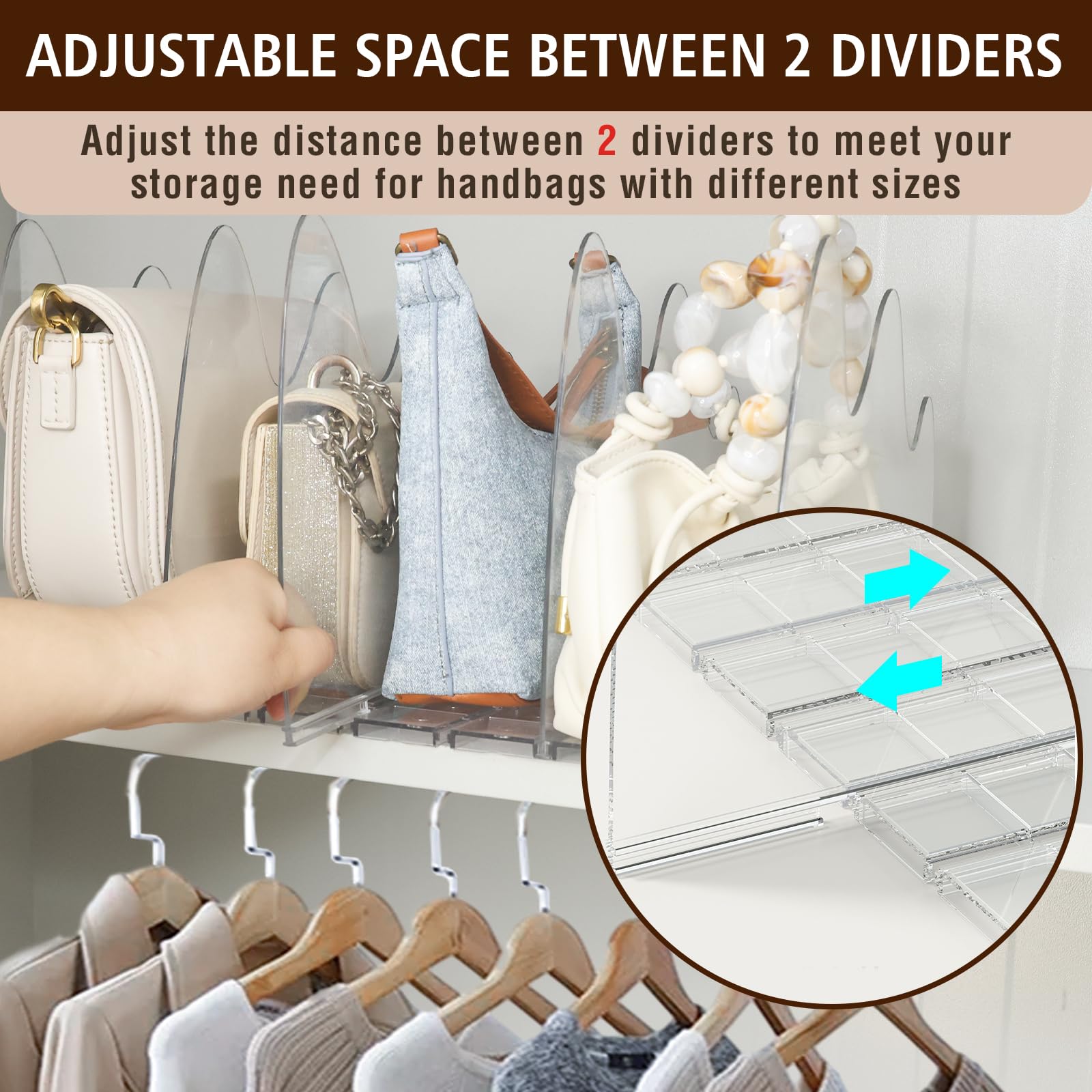 Purse Organizer for Closet, Shelf Dividers for Closet Organization, Purse Handbag Storage Closet Organizer, Adjustable Acrylic Bag Divider Organizers for Sweaters, Shirts, 10 Dividers, 2 Bases