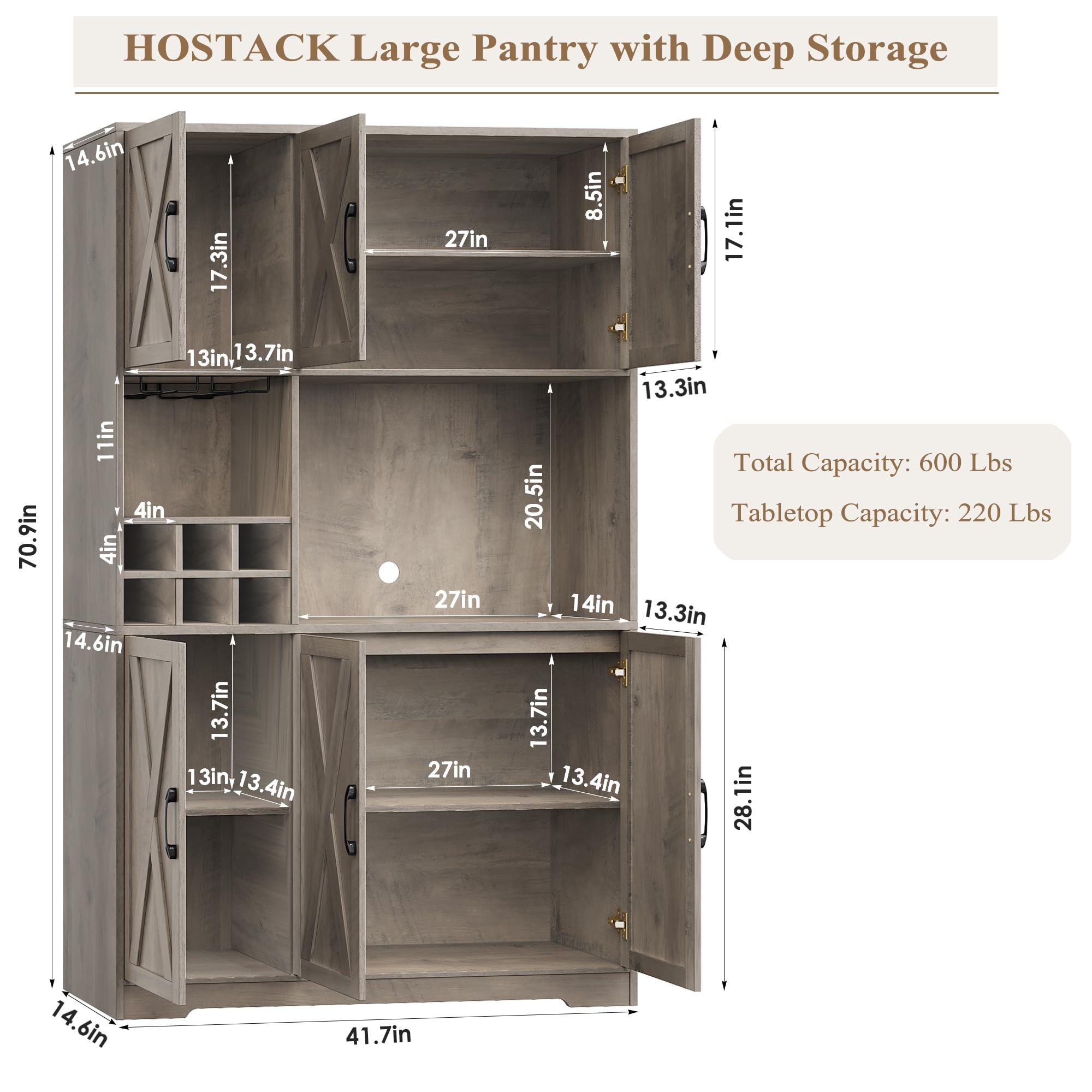 HOSTACK Kitchen Pantry Storage Cabinet, 71" Tall Food Pantry Cabinet with Microwave Stand, Farmhouse Kitchen Hutch Cabinet, Coffee Bar Hutch with Wine Rack for Dining Room, Living Room, Ash Grey