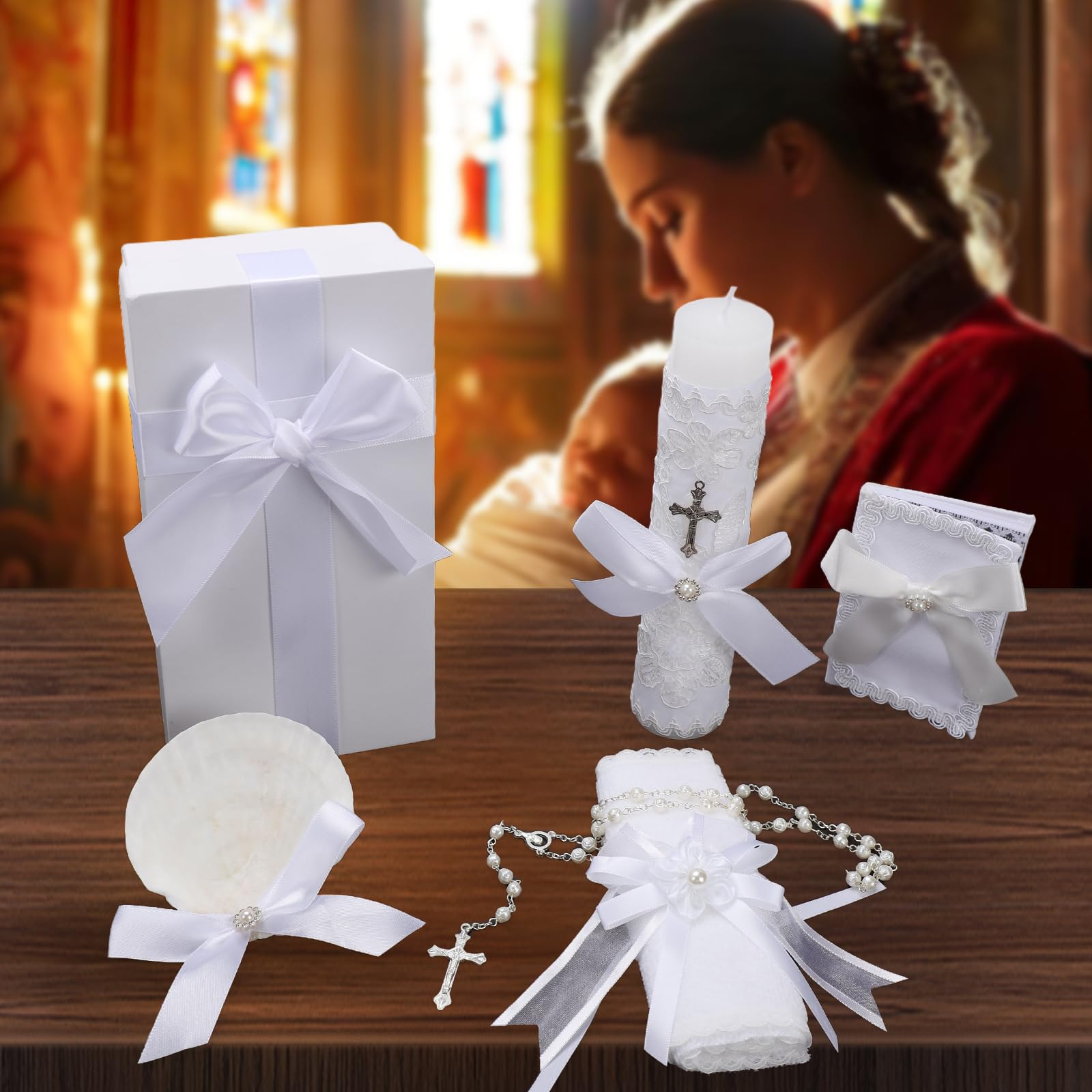 Baptism Candle Set for Boys and Girls,White 5 PCS Baptism Kit Catholic Candle,Baptism Towel,Shell,Rosary,Bible for Baptismal Christening First Communion Gift,Velas para Bautizo De Niño o Niña