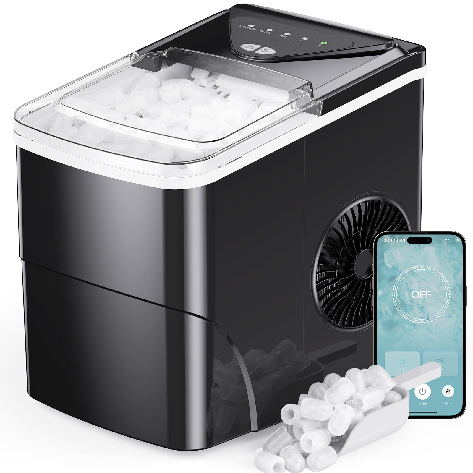 Silonn Smart Countertop Ice Maker - 9 Bullet Cubes in 6 Mins, 26 lbs per Day, Compact Wi-Fi Ice Maker Machine, 2 Ice Cube Sizes, Portable Ice Maker with Self-Cleaning for Kitchen/Office/RV