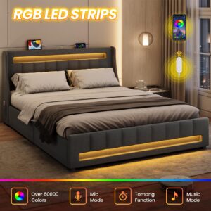 UPOSOJA Upholstered Full Size Bed Frame with 4 Storage Drawers,RGB LED Light,Charging Station,Slat Support,No Box Spring Needed,Noise-Free,Easy Assembly,Dark Grey