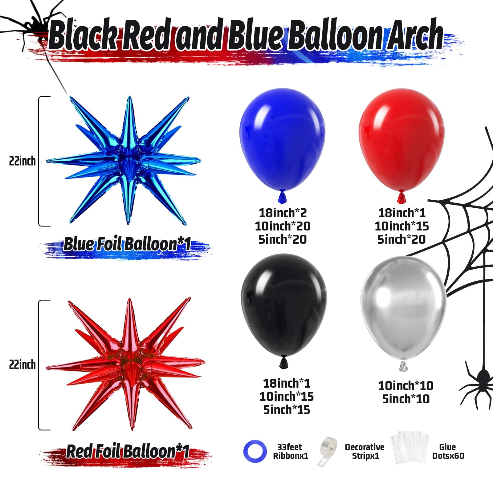 134PCS Black Red and Blue Balloons Arch Garland Kit, Spider Theme Balloon Arch for Men with Foil Balloons for Baby Shower Spider Theme Birthday Party Decorations