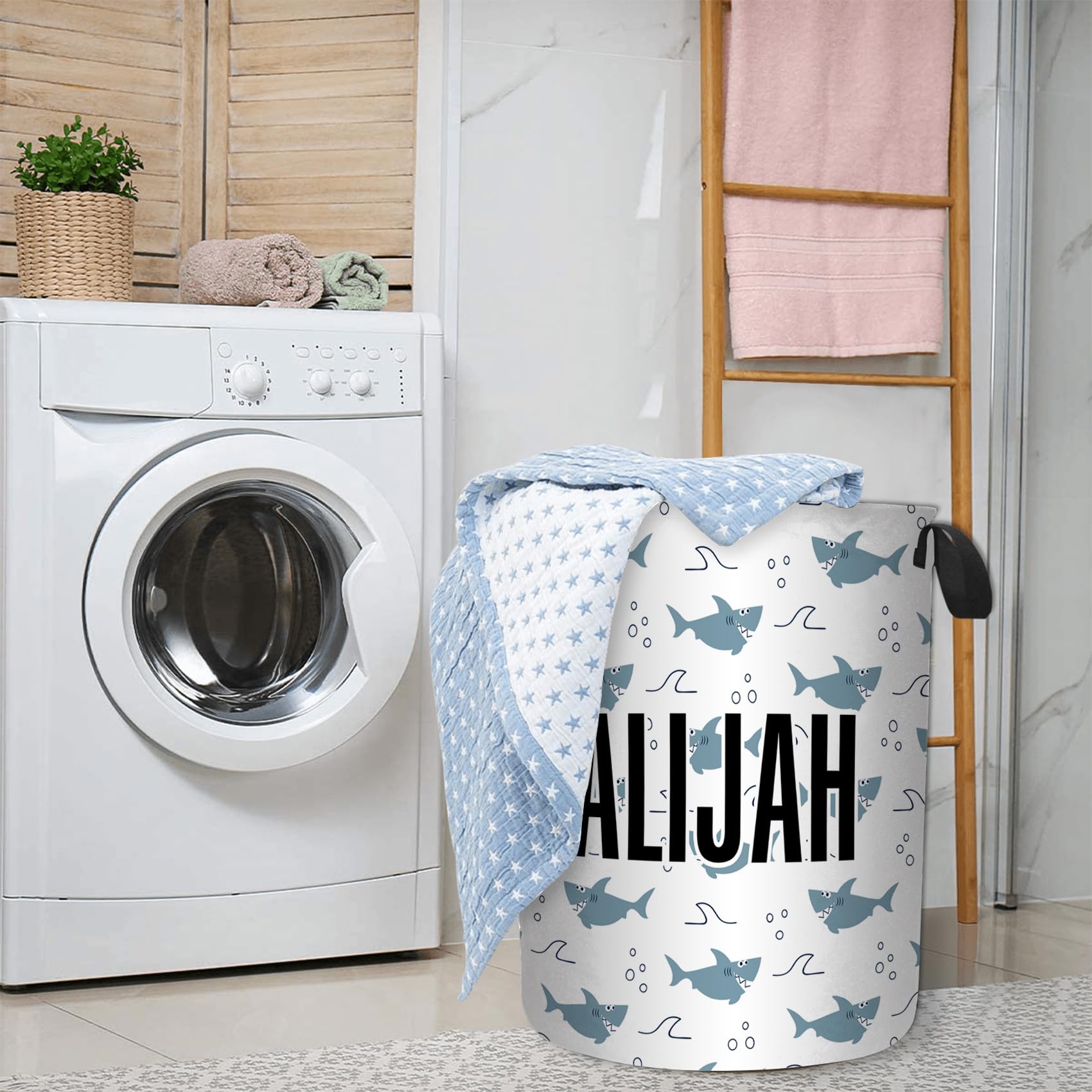 Personalized Baby Laundry Hamper, Custom Laundry Basket with Name, Kids Clothes Hamper, Cute Clothes Storage Basket for Nursery Room Baby Room(Shark)