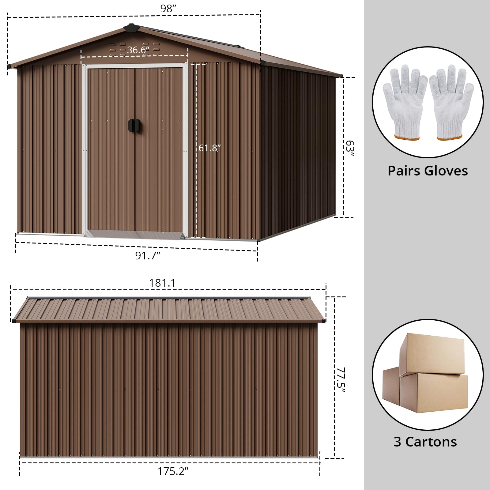 Agrestem 15 x 8 FT Outdoor Storage Garden Shed, Metal Storage Shed with Lockable Door Design, Water-Resistance & UV-Resistance Metal Sheds for Patio Garden Lawnmowers, Brown