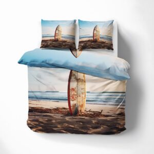 Surfboard Duvet Cover Oversized King Size, Coastal Beach Theme Bedding Set 3 Piece for Bedroom Decor, Summer Surfing Sport Duvet Cover & 2 Pillow Shams, with Zipper & Ties, Super Soft Microfiber