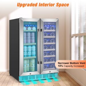 turephe Wine and Beverage Refrigerator, 24Inch Beverage Cooler Dual Zone with Glass Door, Built-in/Freestanding Beverage Fridge with Upgraded 20 Bottles and 60 Cans Large Capacity